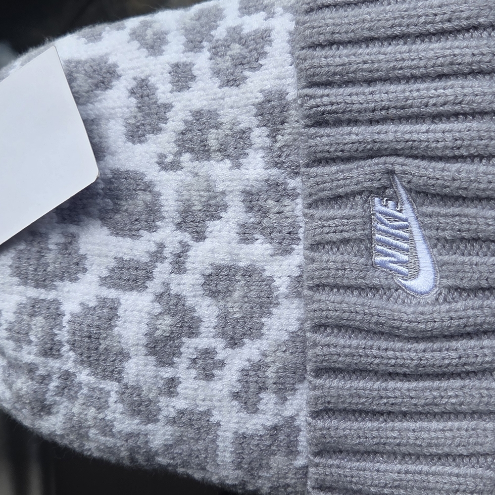 Nike Gray and White Lepoard Pattern Knit Winter Hat